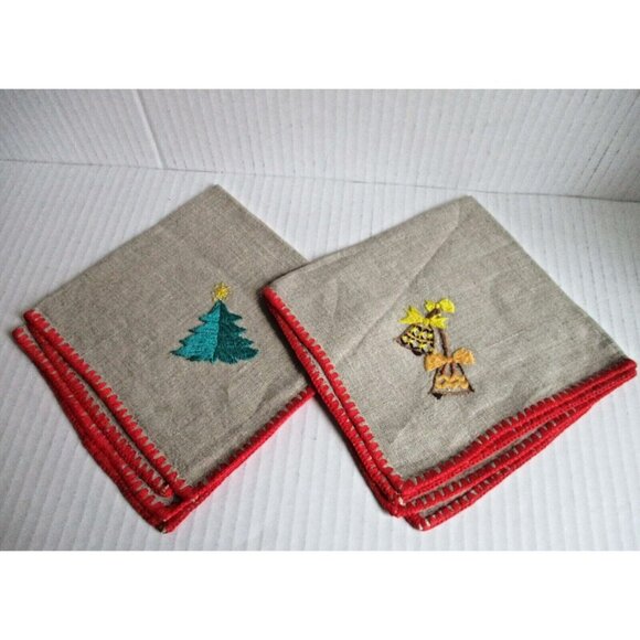 *Vintage Tan Khaki Muslin Holiday Napkins - 7 Asst Christmas Embroidered - Picture 7 of 12